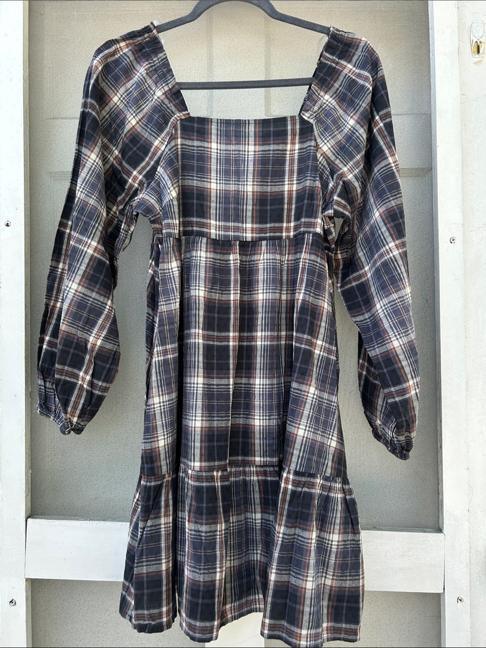 Plaid Square-Neck Babydoll Dress — Navy & Brown